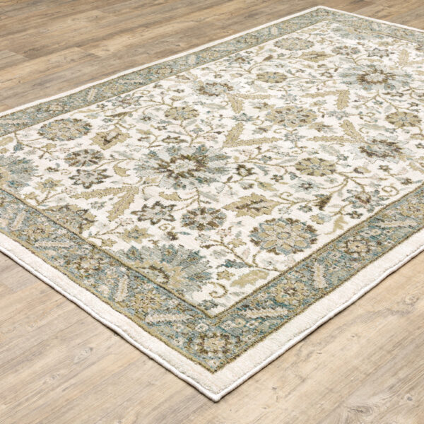 6' X 9' Stone Grey Ivory Green Brown Teal And Light Blue Oriental Power Loom Stain Resistant Area Rug