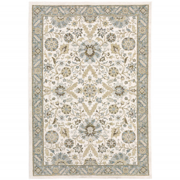 6' X 9' Stone Grey Ivory Green Brown Teal And Light Blue Oriental Power Loom Stain Resistant Area Rug