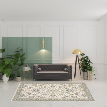 6' X 9' Stone Grey Ivory Green Brown Teal And Light Blue Oriental Power Loom Stain Resistant Area Rug