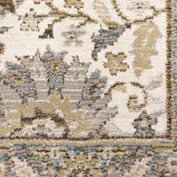 6' X 9' Stone Grey Ivory Green Brown Teal And Light Blue Oriental Power Loom Stain Resistant Area Rug