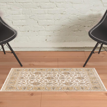 2' X 3' Ivory And Gold Oriental Power Loom Stain Resistant Area Rug With Fringe