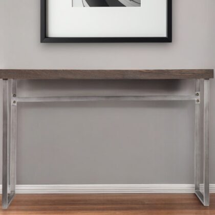 46" Gray Brown and Silver Distressed Sled Console Table
