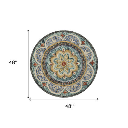 4' Blue Round Wool Floral Hand Tufted Area Rug