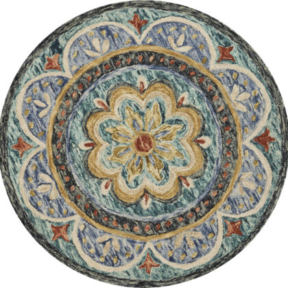 4' Blue Round Wool Floral Hand Tufted Area Rug