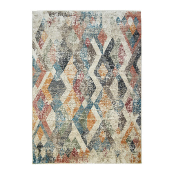 2' x 3' Beige Blue and Gray Geometric Distressed Area Rug With Fringe