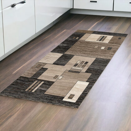 8' Brown and Black Abstract Power Loom Runner Rug