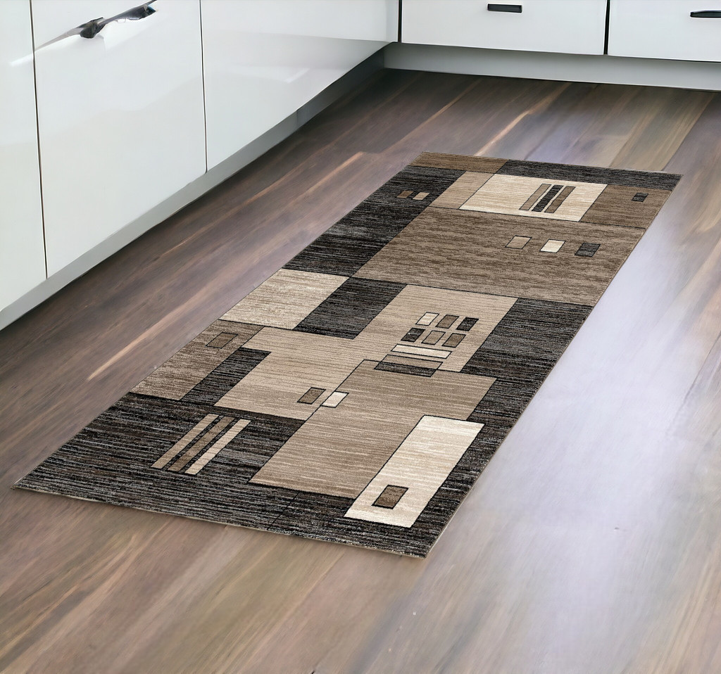 8' Brown and Black Abstract Power Loom Runner Rug - Image 8