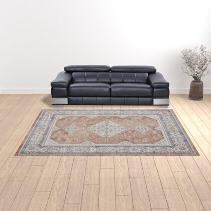 9' x 12' Blue and Beige Oriental Power Loom Area Rug