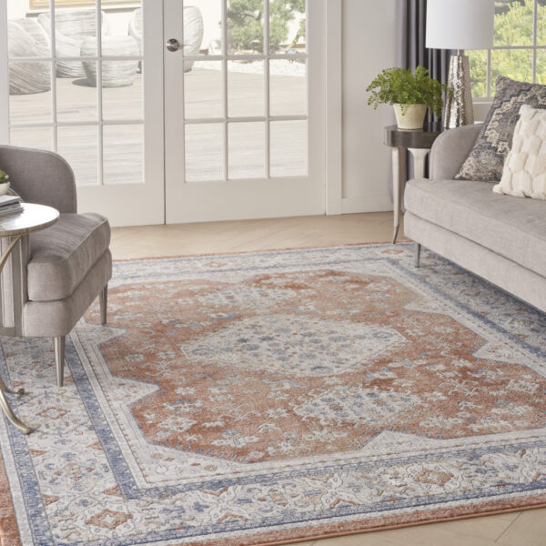 9' x 12' Blue and Beige Oriental Power Loom Area Rug