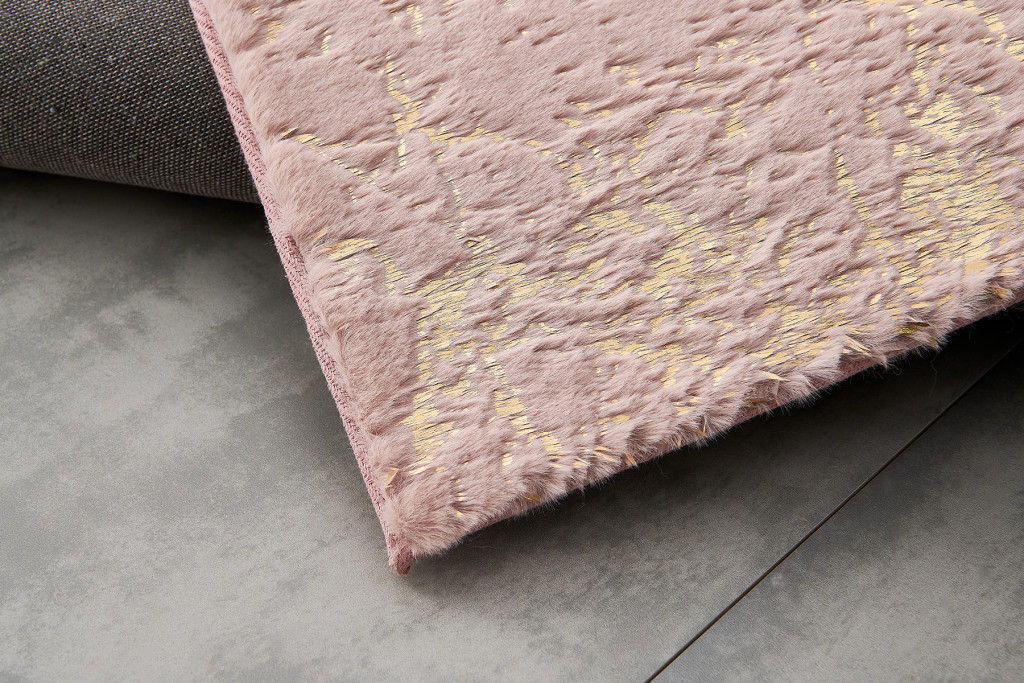5' x 7' Pink and Gold Faux Fur Abstract Shag Non Skid Area Rug - Image 2