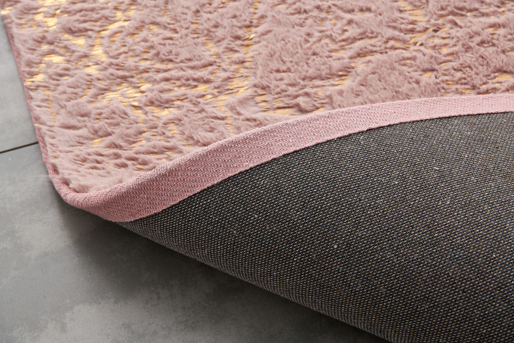 5' x 7' Pink and Gold Faux Fur Abstract Shag Non Skid Area Rug - Image 6