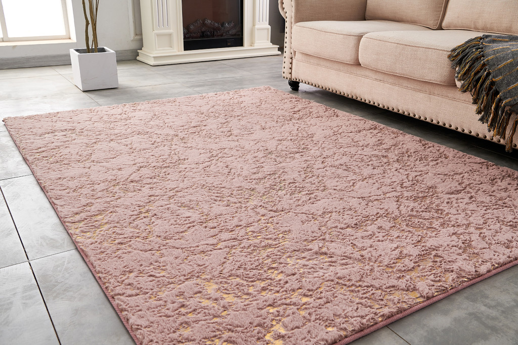 5' x 7' Pink and Gold Faux Fur Abstract Shag Non Skid Area Rug - Image 7