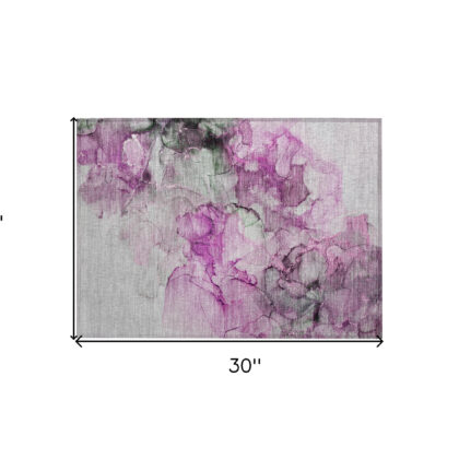 2' X 3' Gray and Purple Abstract Washable Non Skid Indoor Outdoor Area Rug