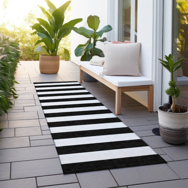 8' Runner Black and White Striped Washable Non Skid Indoor Outdoor Runner Rug