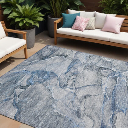 8' X 10' Blue and Gray Abstract Washable Non Skid Indoor Outdoor Area Rug