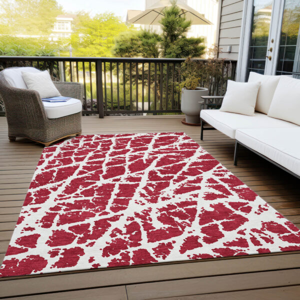 10' X 14' Red and White Abstract Washable Non Skid Indoor Outdoor Area Rug