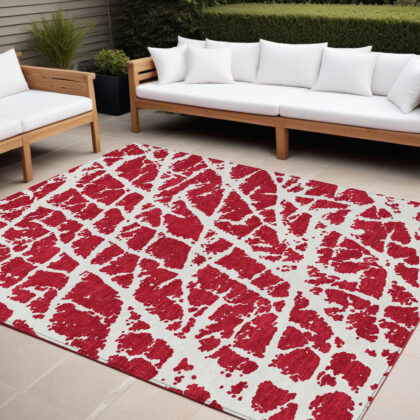 10' X 14' Red and White Abstract Washable Non Skid Indoor Outdoor Area Rug