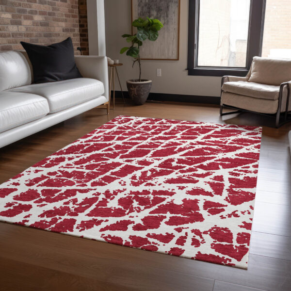 10' X 14' Red and White Abstract Washable Non Skid Indoor Outdoor Area Rug