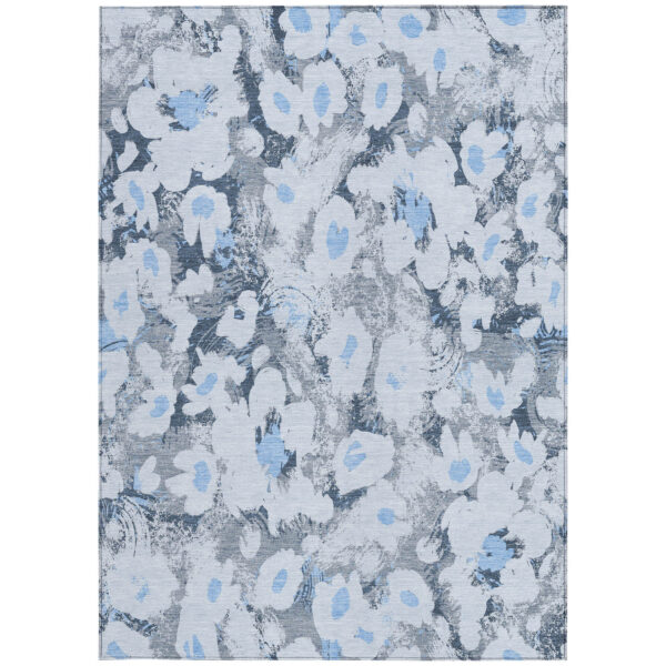 3' X 5' Denim Blue Floral Washable Non Skid Indoor Outdoor Area Rug
