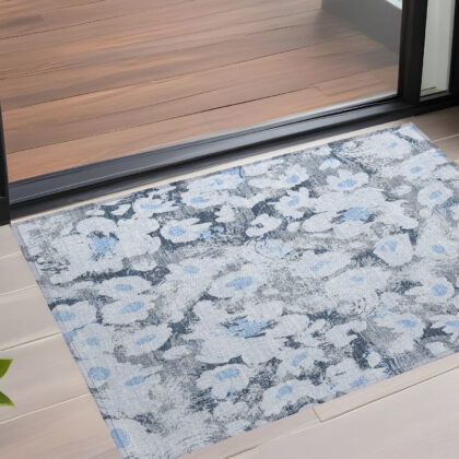 3' X 5' Denim Blue Floral Washable Non Skid Indoor Outdoor Area Rug