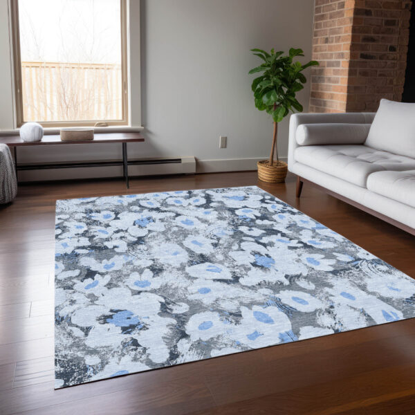 3' X 5' Denim Blue Floral Washable Non Skid Indoor Outdoor Area Rug