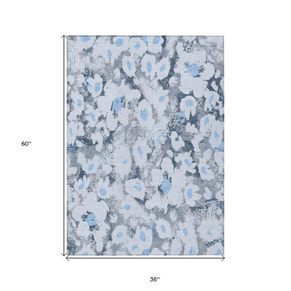 3' X 5' Denim Blue Floral Washable Non Skid Indoor Outdoor Area Rug