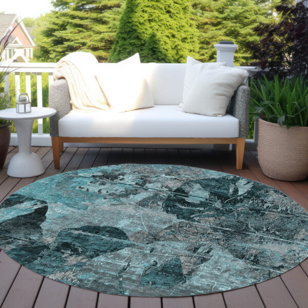 8' Round Teal and Gray Round Floral Washable Non Skid Indoor Outdoor Area Rug
