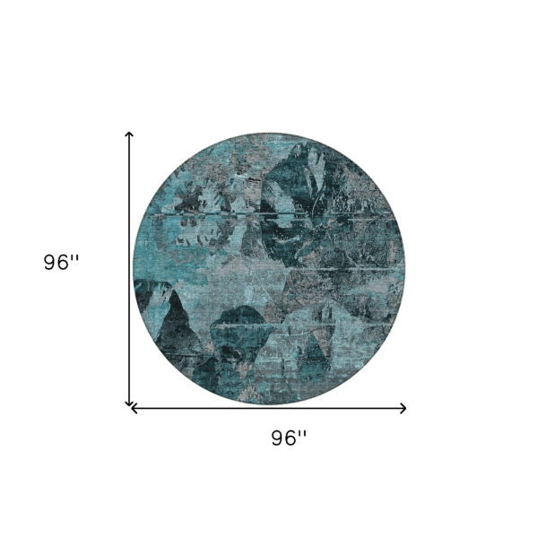 8' Round Teal and Gray Round Floral Washable Non Skid Indoor Outdoor Area Rug
