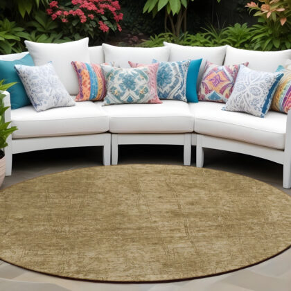 8' Round Tan Round Abstract Washable Non Skid Indoor Outdoor Area Rug