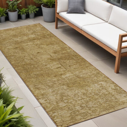 8' Runner Tan Abstract Washable Non Skid Indoor Outdoor Runner Rug