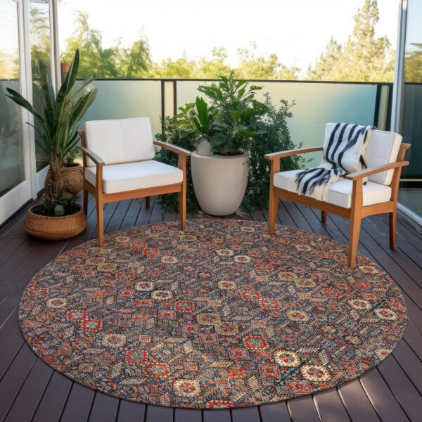 8' Round Red and Dark Blue Round Floral Washable Non Skid Indoor Outdoor Area Rug