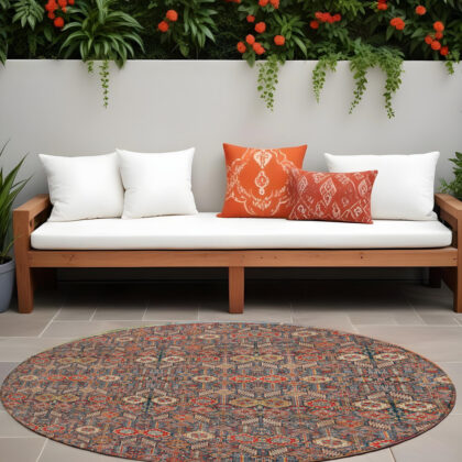 8' Round Red and Dark Blue Round Floral Washable Non Skid Indoor Outdoor Area Rug