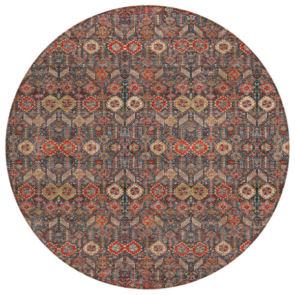 8' Round Red and Dark Blue Round Floral Washable Non Skid Indoor Outdoor Area Rug