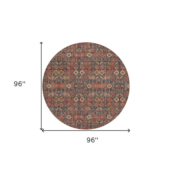 8' Round Red and Dark Blue Round Floral Washable Non Skid Indoor Outdoor Area Rug