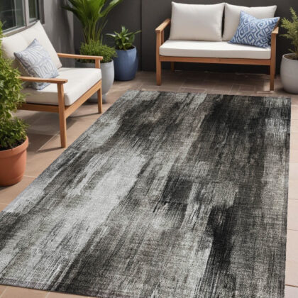 5' X 8' Gray and Black Abstract Washable Non Skid Indoor Outdoor Area Rug