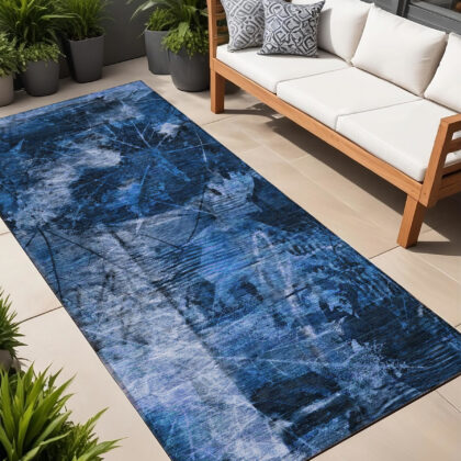 8' Runner Navy Blue Floral Washable Non Skid Indoor Outdoor Runner Rug