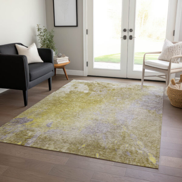 9' X 12' Gold Beige and Purple Abstract Washable Non Skid Indoor Outdoor Area Rug