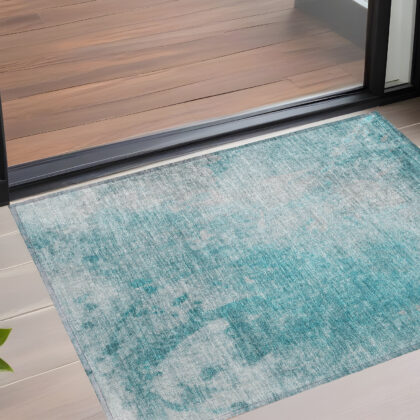 3' X 5' Teal Abstract Washable Non Skid Indoor Outdoor Area Rug