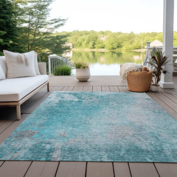 3' X 5' Teal Abstract Washable Non Skid Indoor Outdoor Area Rug