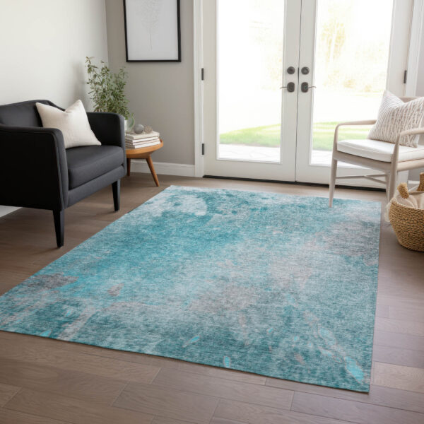 3' X 5' Teal Abstract Washable Non Skid Indoor Outdoor Area Rug