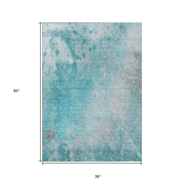 3' X 5' Teal Abstract Washable Non Skid Indoor Outdoor Area Rug
