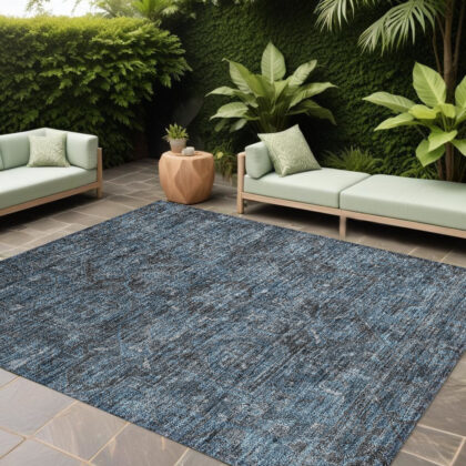 9' X 12' Navy and Black Oriental Washable Non Skid Indoor Outdoor Area Rug