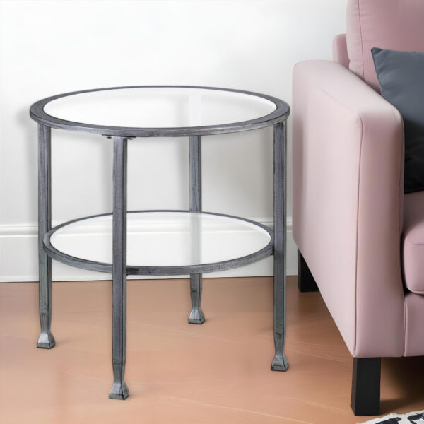 24" Silver And Clear Glass And Distressed Iron Round End Table With Shelf