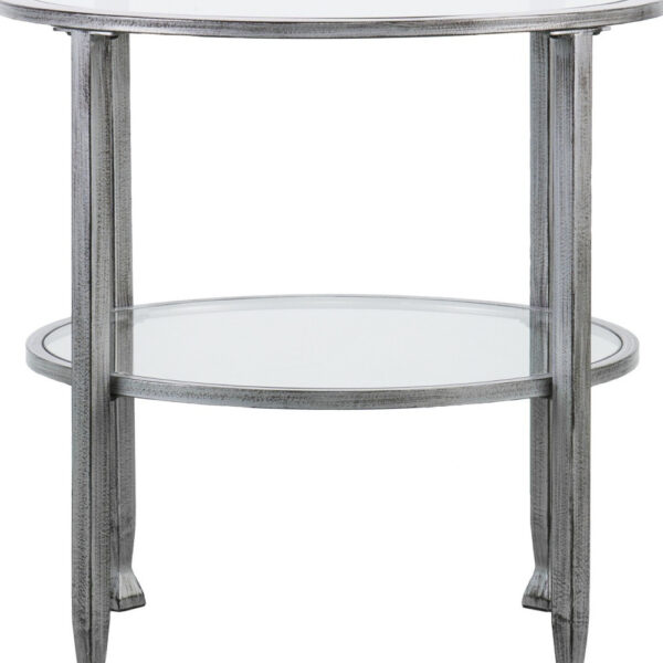 24" Silver And Clear Glass And Distressed Iron Round End Table With Shelf