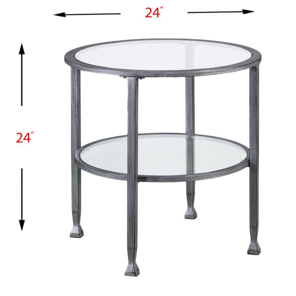 24" Silver And Clear Glass And Distressed Iron Round End Table With Shelf