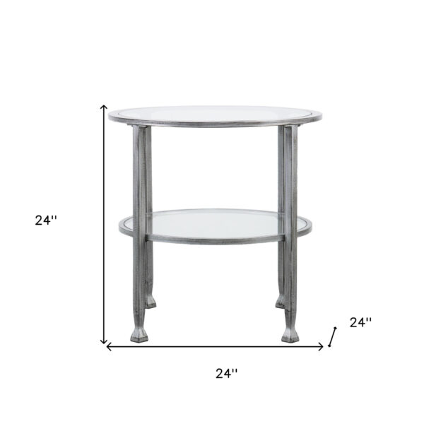 24" Silver And Clear Glass And Distressed Iron Round End Table With Shelf
