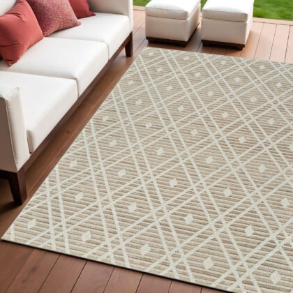 4' X 6' Cream and Brown Geometric Distressed Indoor Outdoor Area Rug