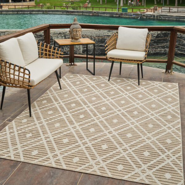 4' X 6' Cream and Brown Geometric Distressed Indoor Outdoor Area Rug