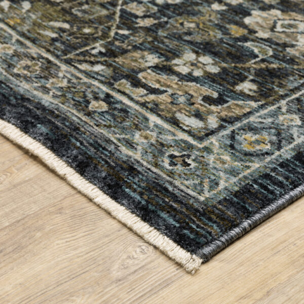 5' X 8' Blue Ivory Grey Gold Green And Brown Oriental Power Loom Stain Resistant Area Rug With Fringe