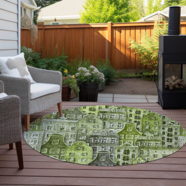 8' Green And Lime Green Round Village Houses Washable Indoor Outdoor Area Rug